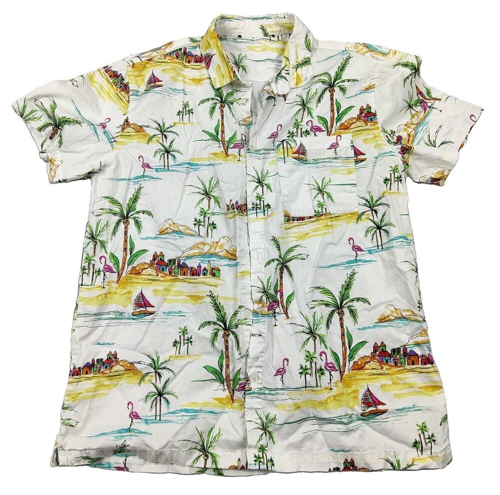 Shirt Mens Large Multicolor Hawaiian Tropical Short Sleeve Button Up Casual